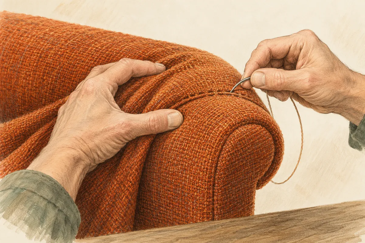 Illustration zweier Hände beim Nähen eines orangefarbenen Polsterbezugs.