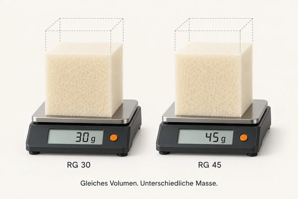 Zwei gleich große Schaumstoffwürfel auf Waagen mit beispielhaft 30 und 45 Gramm zur Erklärung des Raumgewichts. Beschriftet mit RG 30 und RG 45 sowie: Gleiches Volumen. Unterschiedliche Masse.