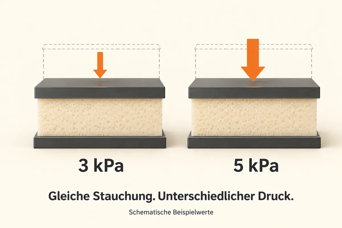 Zwei gleich weit zusammengedrückte Schaumstoffproben, für die beispielhaft 3 und 5 Kilopascal Druck nötig sind. Beschriftet mit: Gleiche Stauchung. Unterschiedlicher Druck. Schematische Beispielwerte.